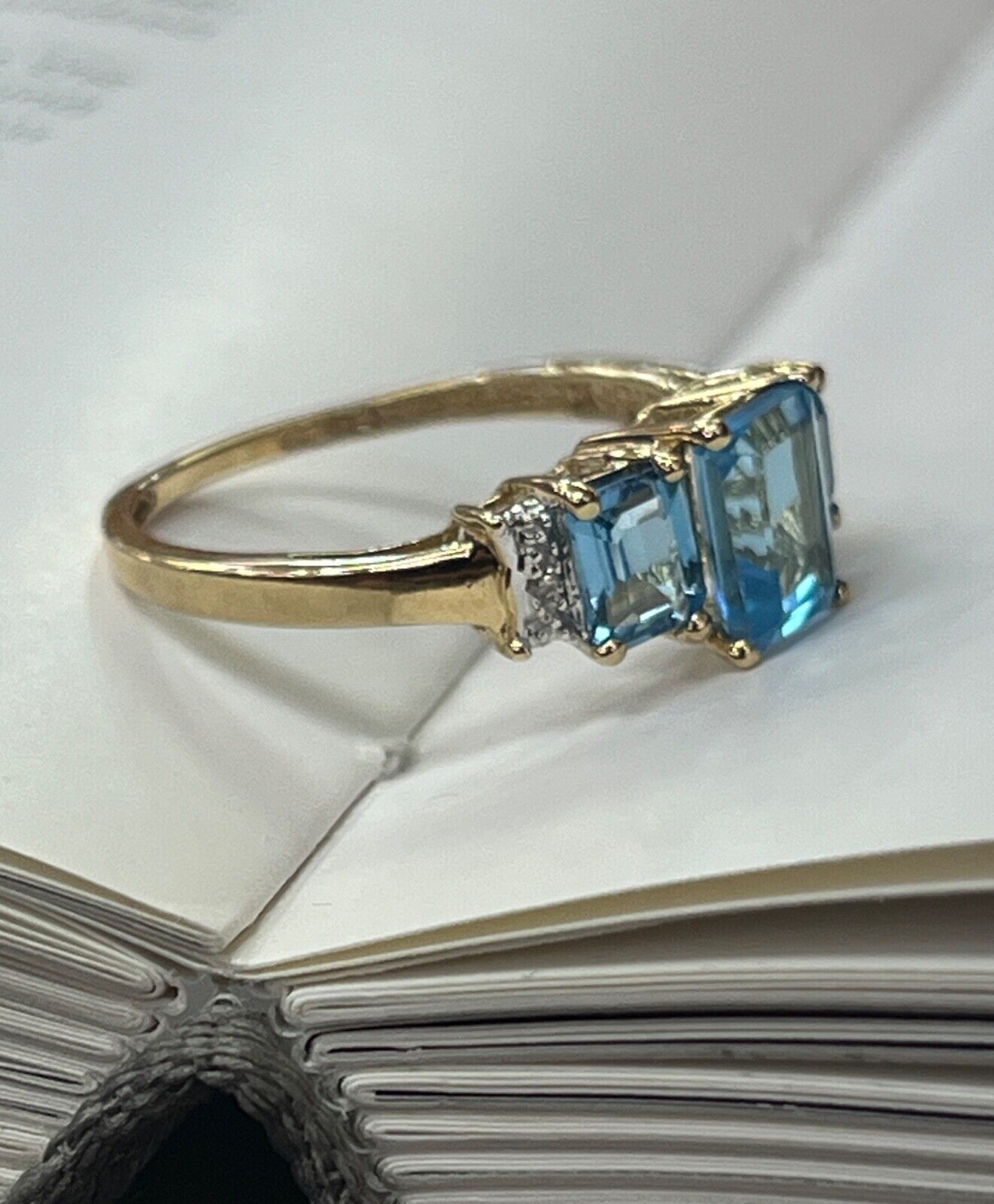 Vintage Blue Topaz & Diamond 10K Yellow Gold Birthstone Ring, Engagement Ring.