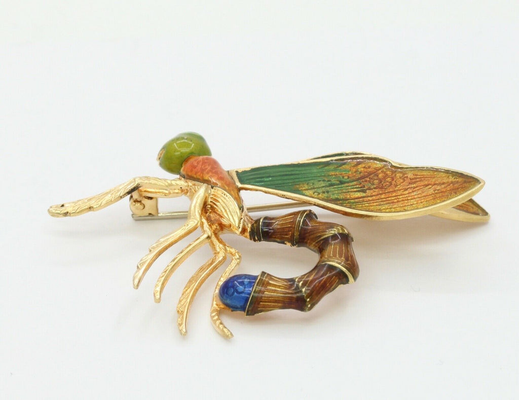 Vintage Italian 18K Yellow Gold Enamel Dragonfly Brooch