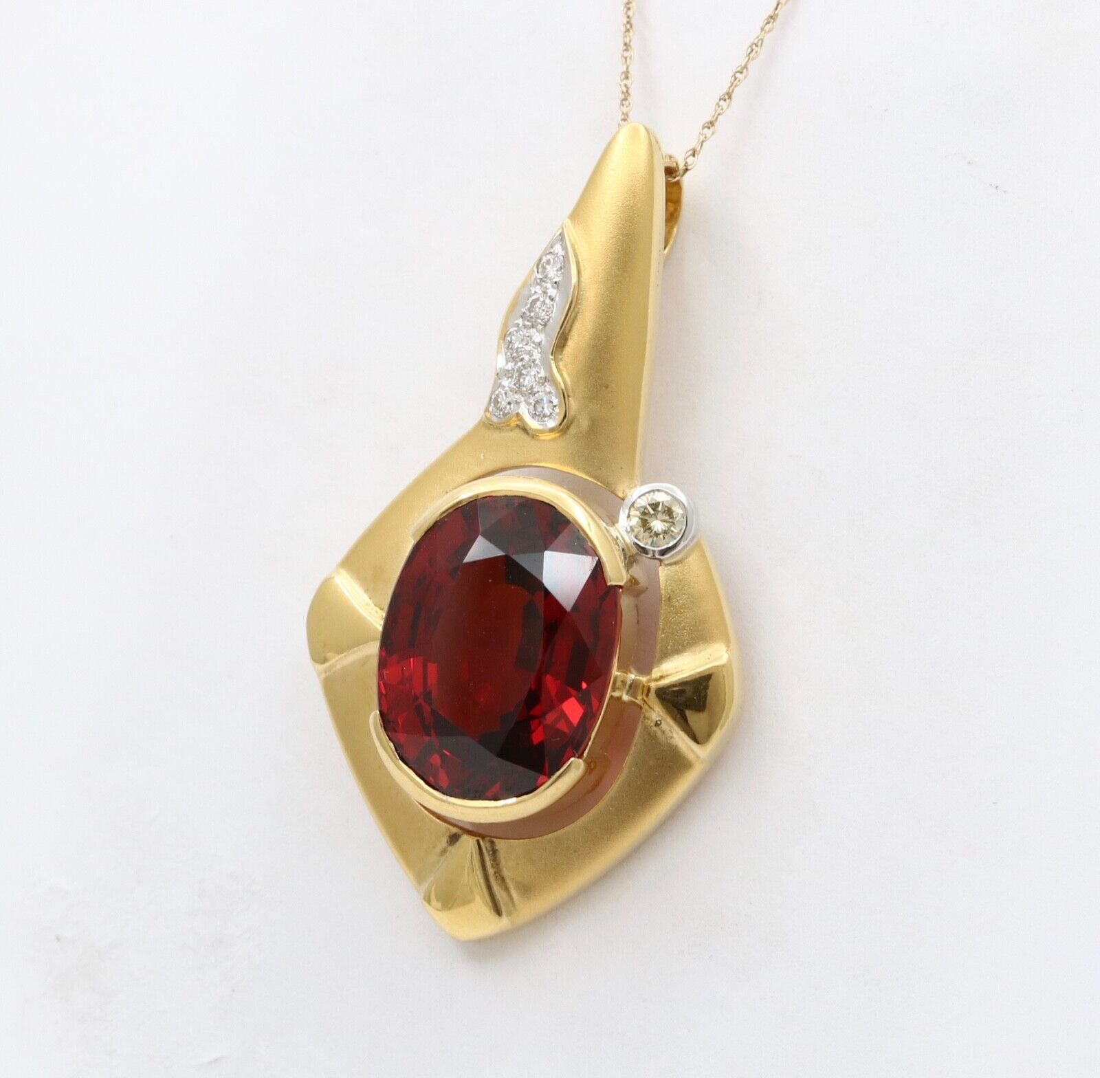 Vintage Funky 18K Gold Certified Large Spessartite Garnet & Diamond Pendant