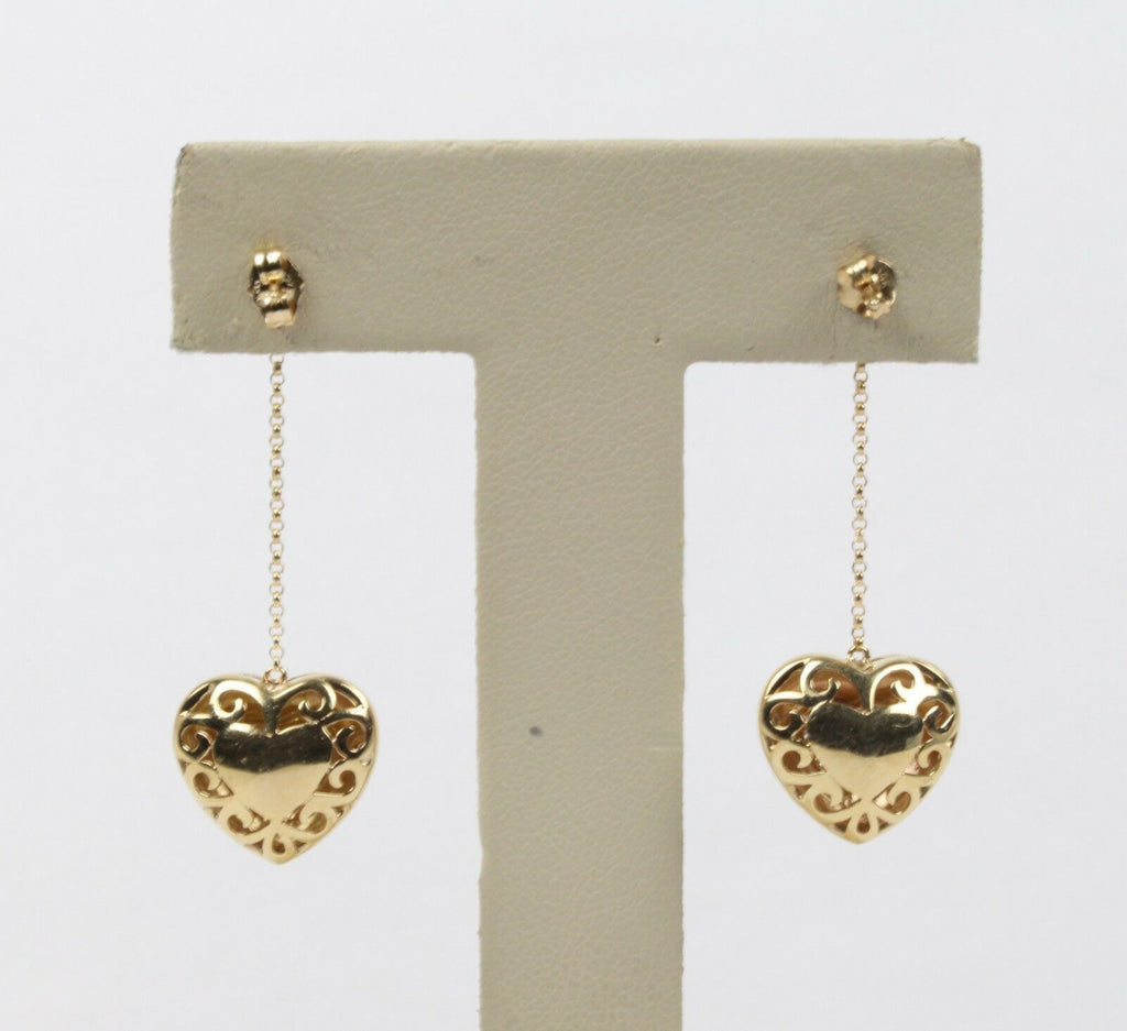 Vintage 14K Yellow Gold Diamond Heart Dangling Earrings