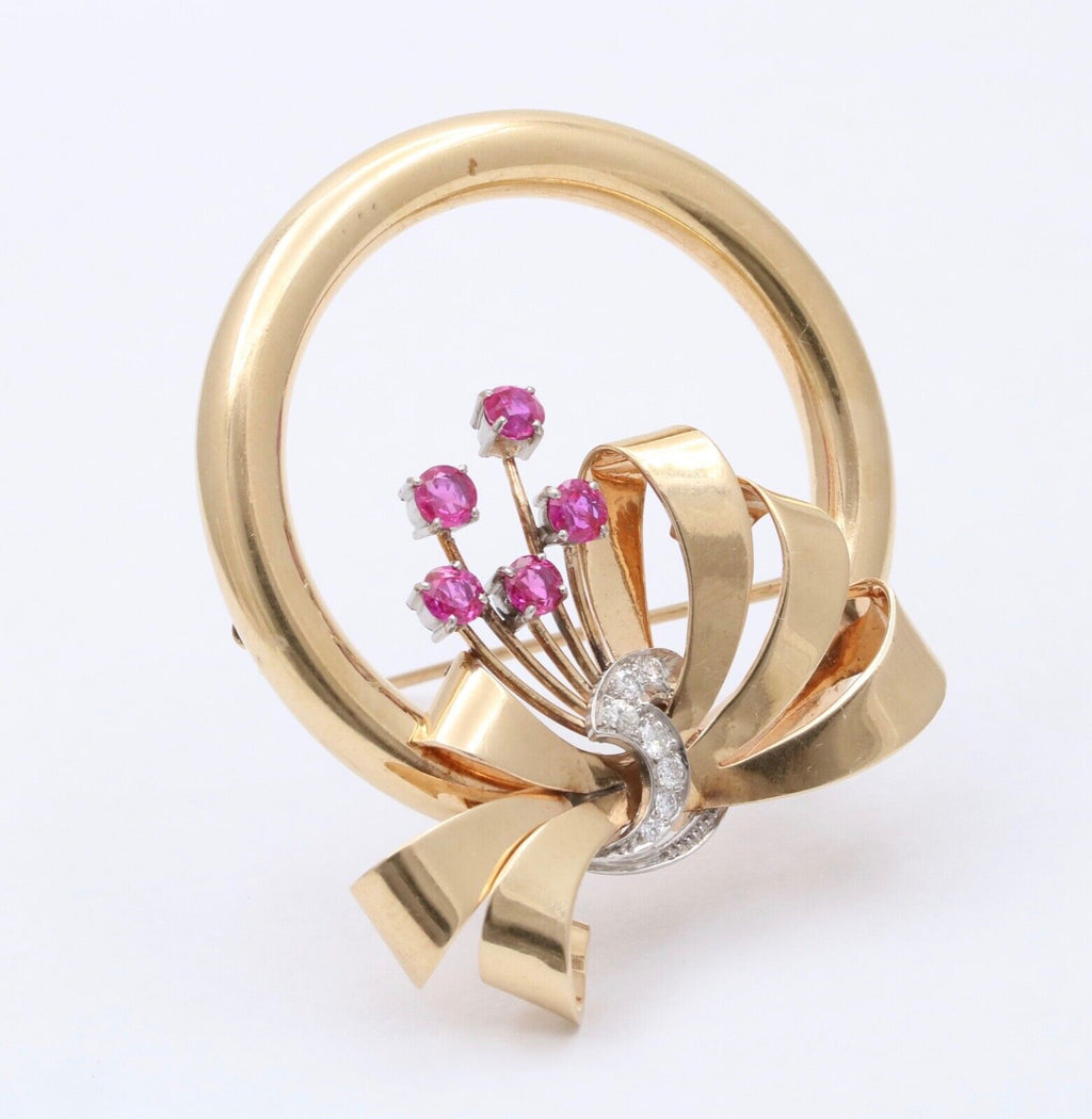 Vintage Bailey Banks & Biddle 14K Gold Ruby and Diamond Circle Ribbon Brooch