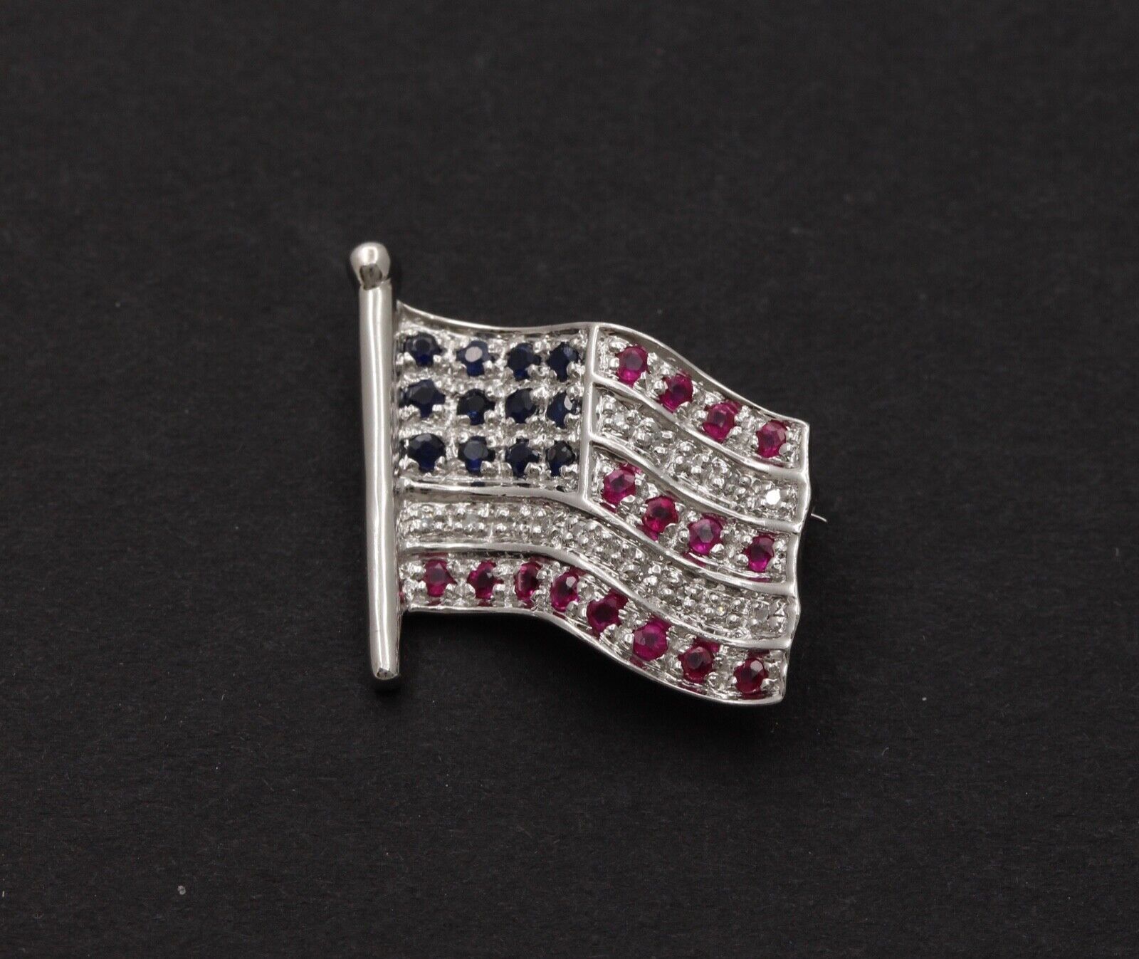Classic 14K White Gold And Diamond American Flag, 4th of July Brooch, Pin.