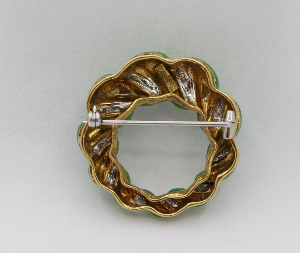 Vintage Ladies 18K Yellow White Gold Green Enamel Brooch Pin
