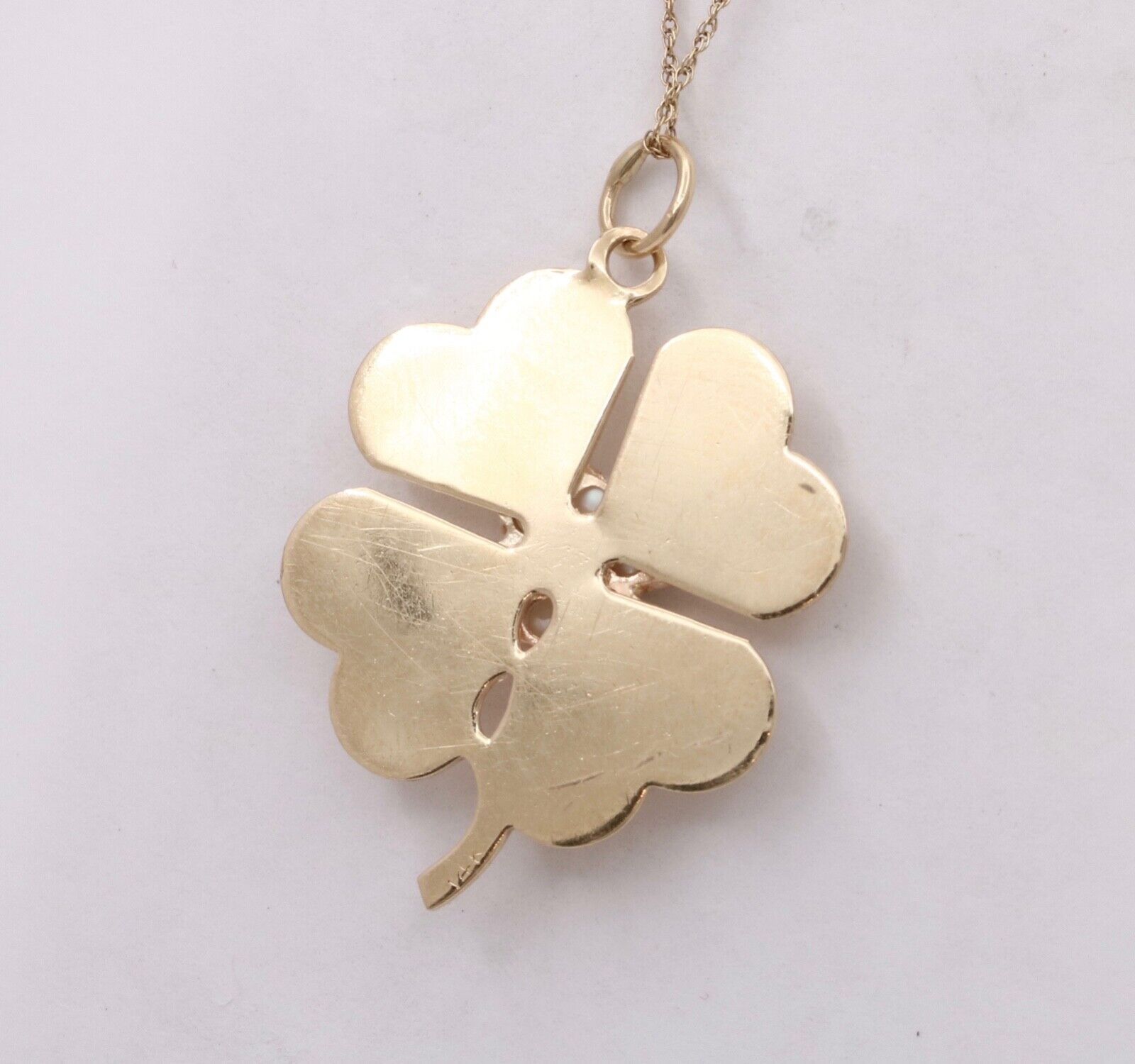 Vintage 14K Yellow Gold Four Leaf Clover Pearl & Ruby Charm Pendant