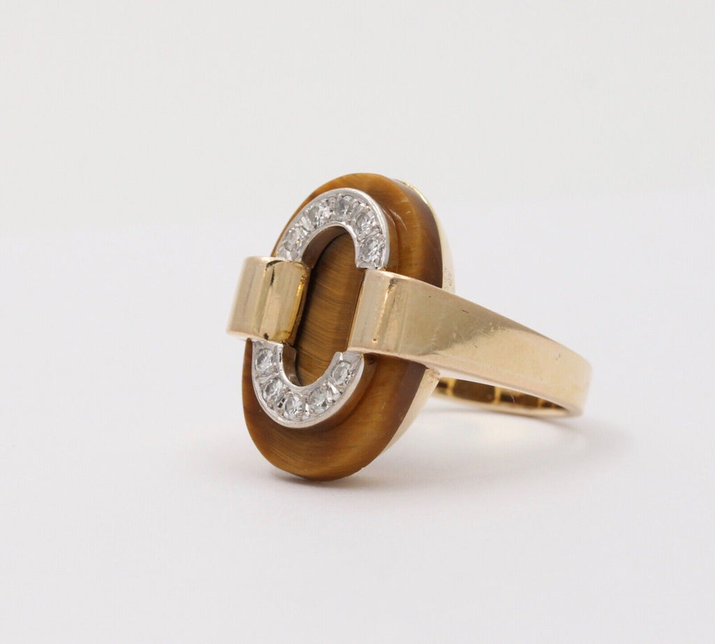 Vintage Tiger Eye 14K Yellow Gold Diamond Ring, Statement Ring