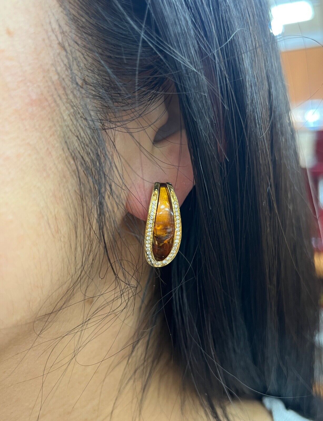 Vintage 18K Yellow Gold Citrine & Diamond Clip Huggie Earrings