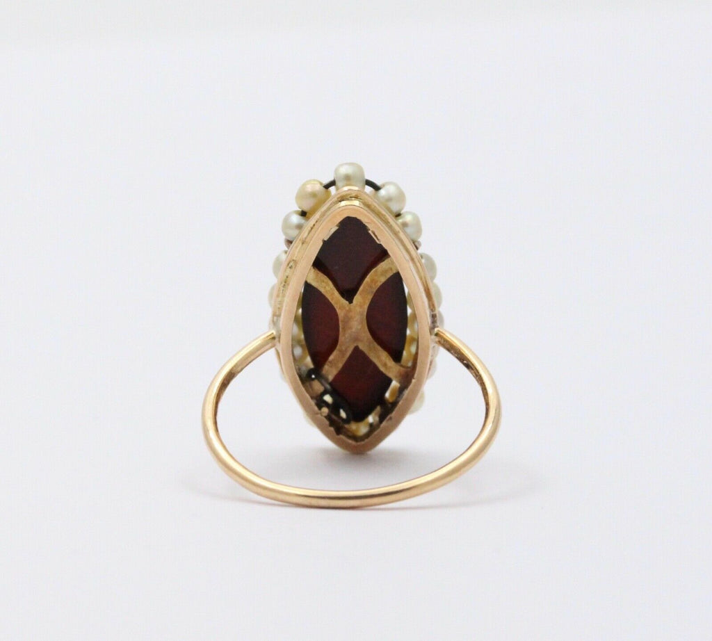 Victorian Navette Cameo Agate Natural Pearls 14K Yellow Gold Ring