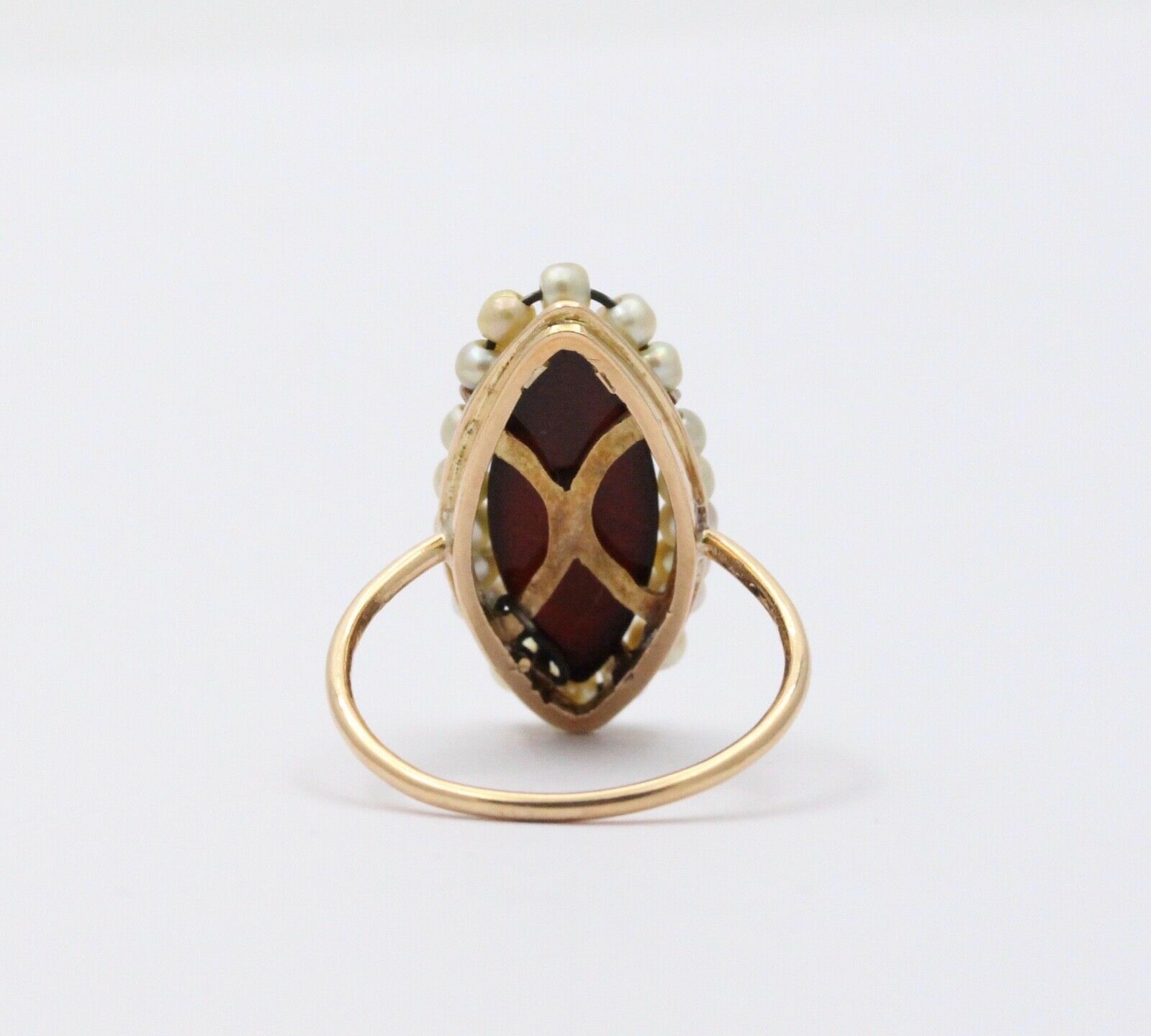 Victorian Navette Cameo Agate Natural Pearls 14K Yellow Gold Ring