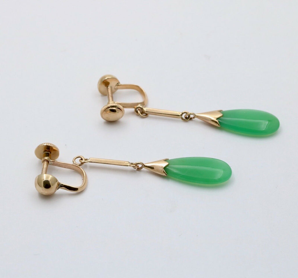 Vintage 14K Yellow Gold Green Chrysoprase Drop Earrings, Screw Back Earrings.