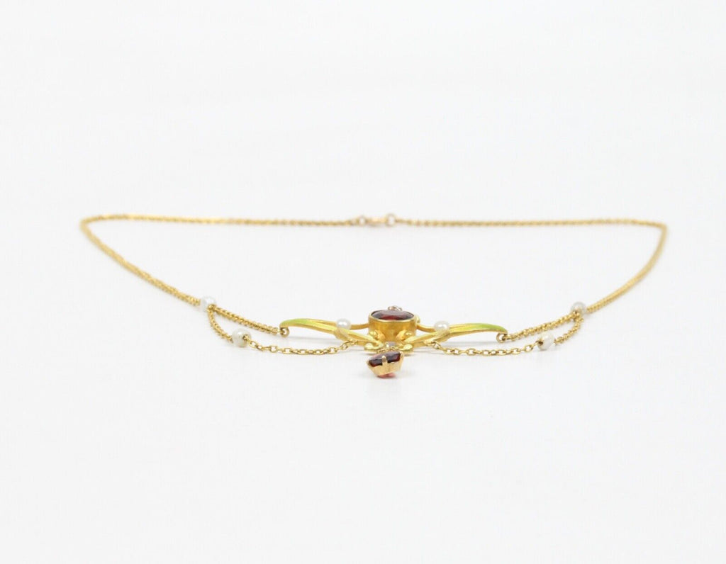 Art Nouveau 14K Yellow Gold Garnet & Pearl Enamel Festoon Necklace.