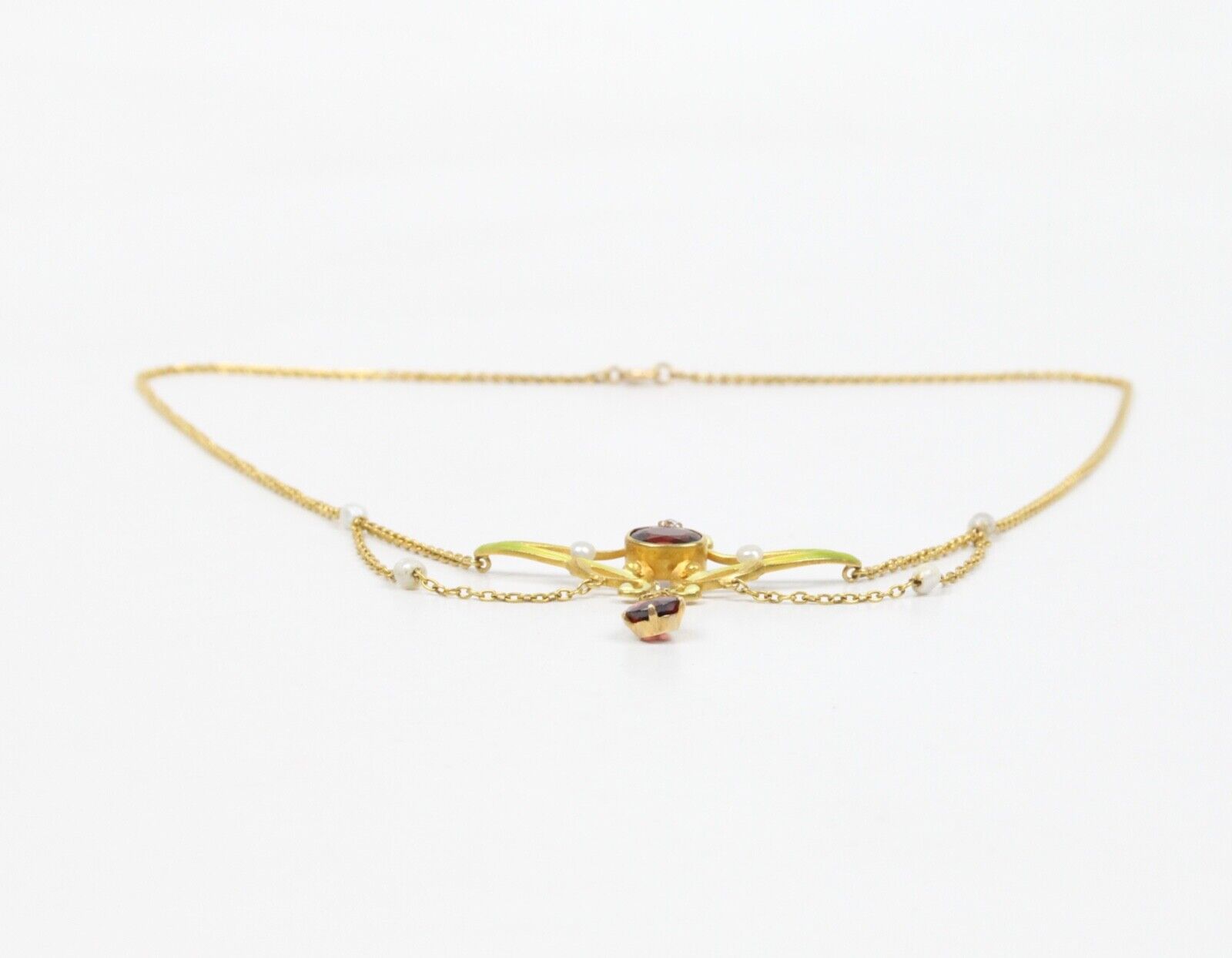 Art Nouveau 14K Yellow Gold Garnet & Pearl Enamel Festoon Necklace.