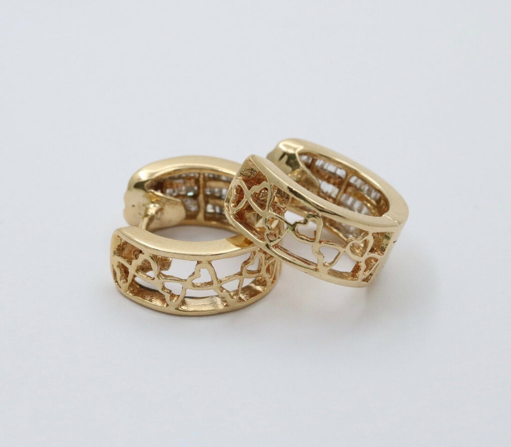 Vintage Hearts Diamonds 14K Yellow Gold Huggie Earrings