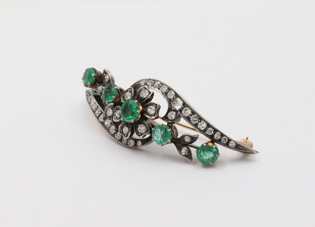 Victorian Emerald Diamonds Platinum 14K YG Flower Brooch Pin