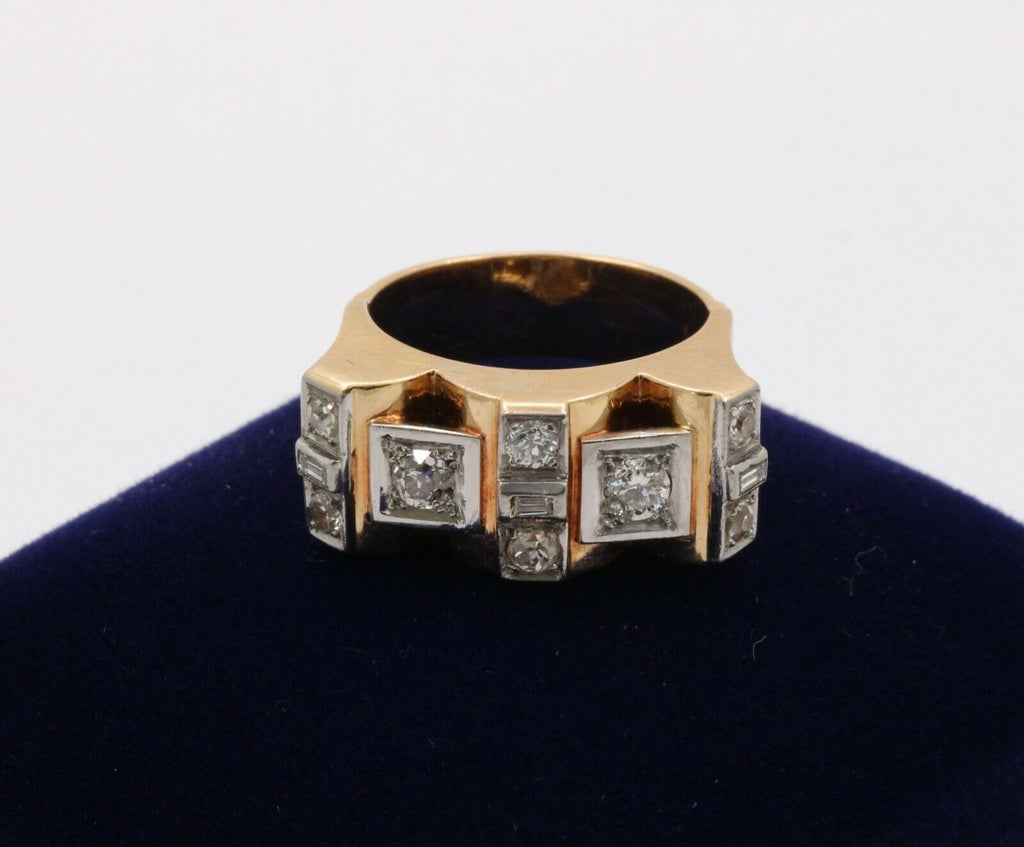 Retro 18K Yellow Gold Boxy Diamond Statement Ring