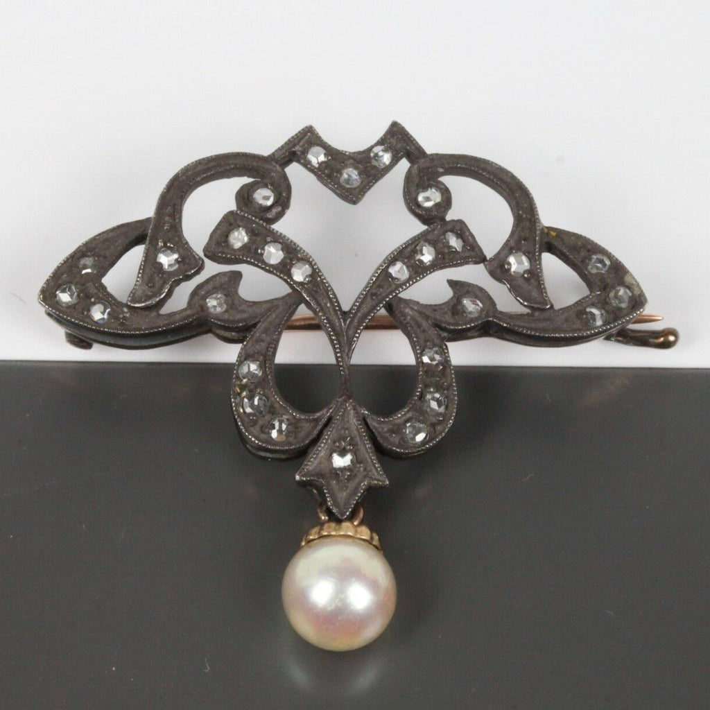 Victorian 10K Yellow Gold and Silver Diamond Pearl Brooch