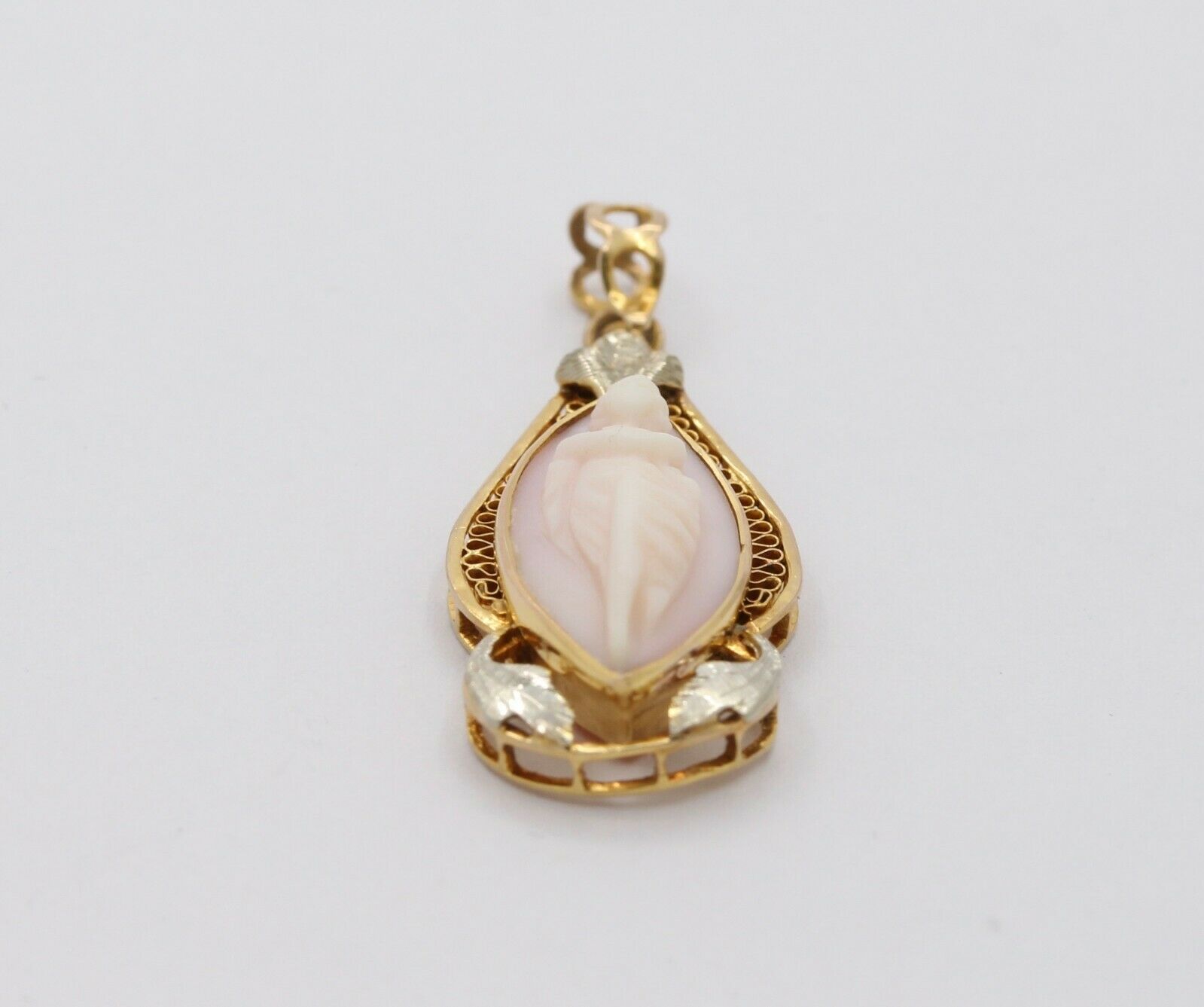 Art Nouveau 10K Yellow Golld & White Gold Carved Coral  Cameo  Pendant