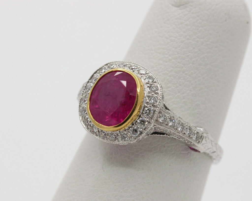 Vintage 18K White Gold Halo Setting Natural Ruby Diamond Alternative Engagement