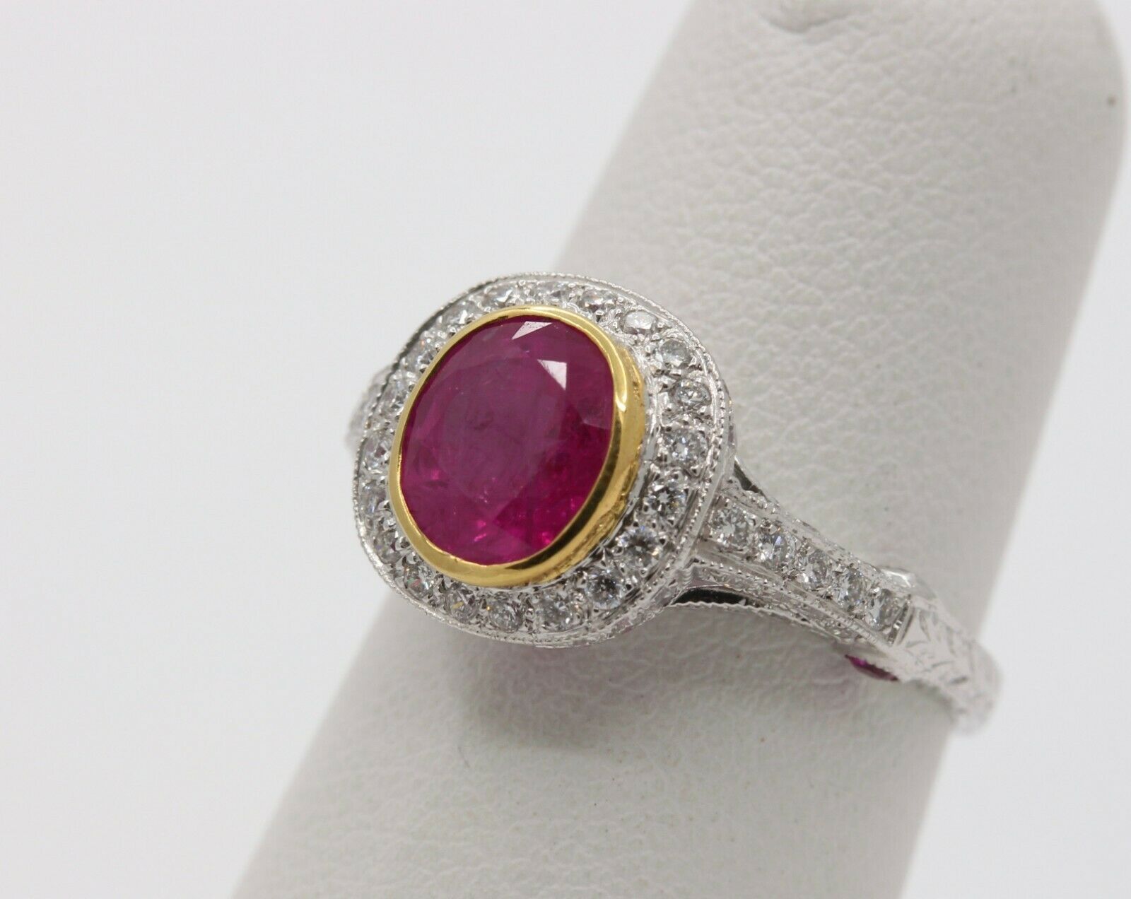Vintage 18K White Gold Halo Setting Natural Ruby Diamond Alternative Engagement
