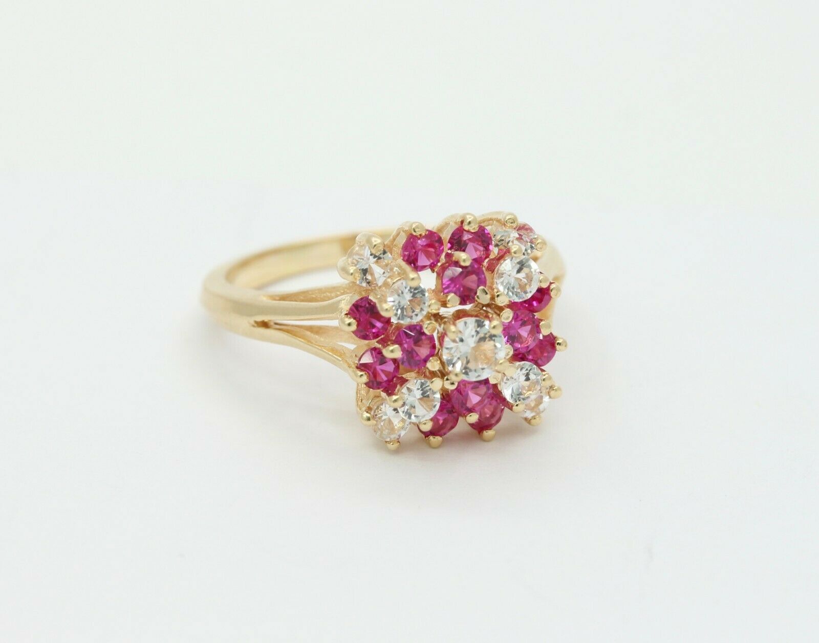 Cute 14K Yellow Gold Ruby CZ Cluster Ring