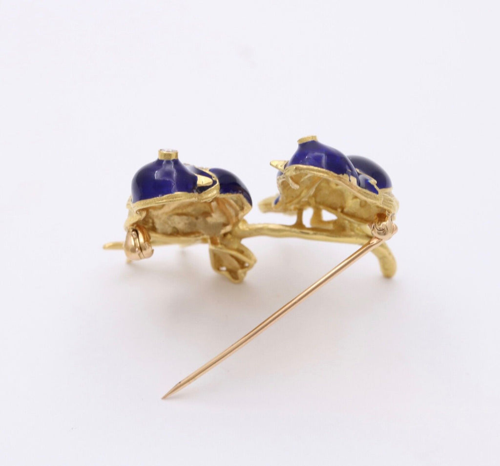 Vintage 18K Gold, Enamel, and Diamond Love Birds Brooch, Parrot Pin