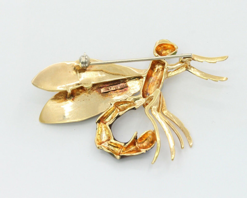 Vintage Italian 18K Yellow Gold Enamel Dragonfly Brooch