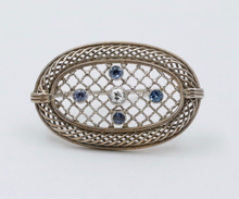 Load image into Gallery viewer, Antique Art Deco Filigree Diamond &amp; Sapphire Brooch, Pin
