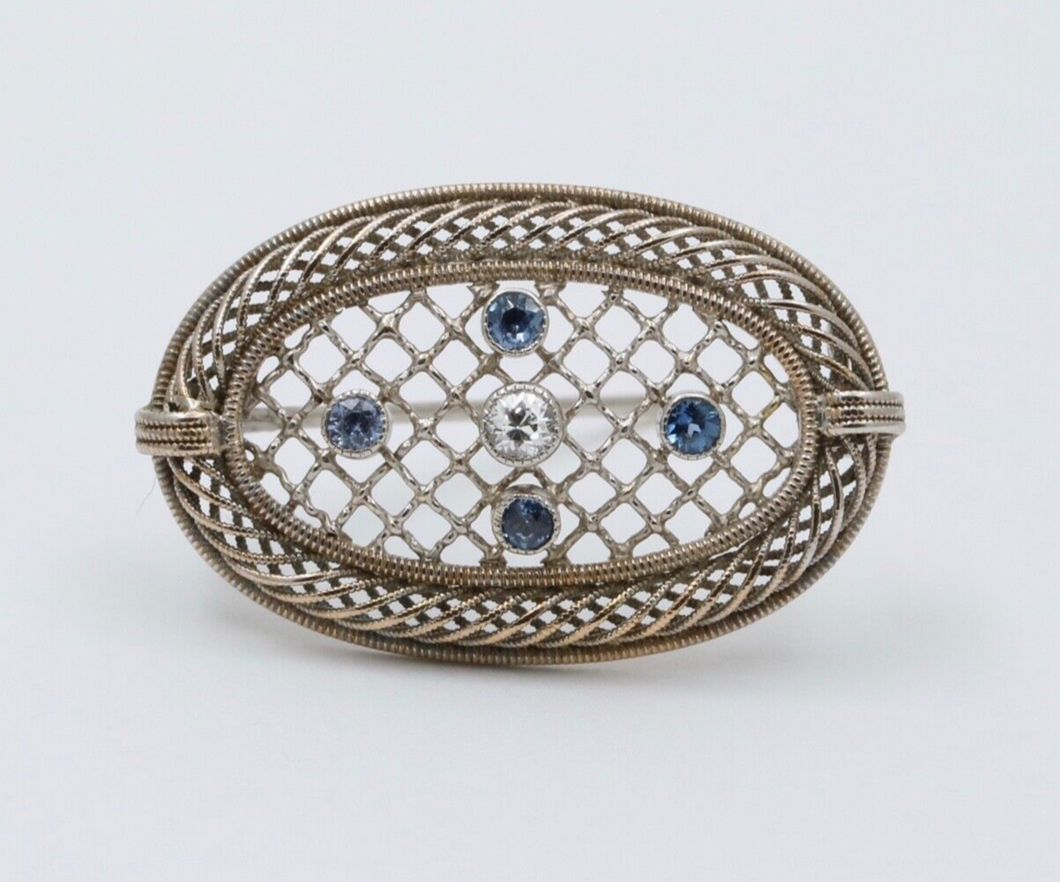 Antique Art Deco Filigree Diamond & Sapphire Brooch, Pin