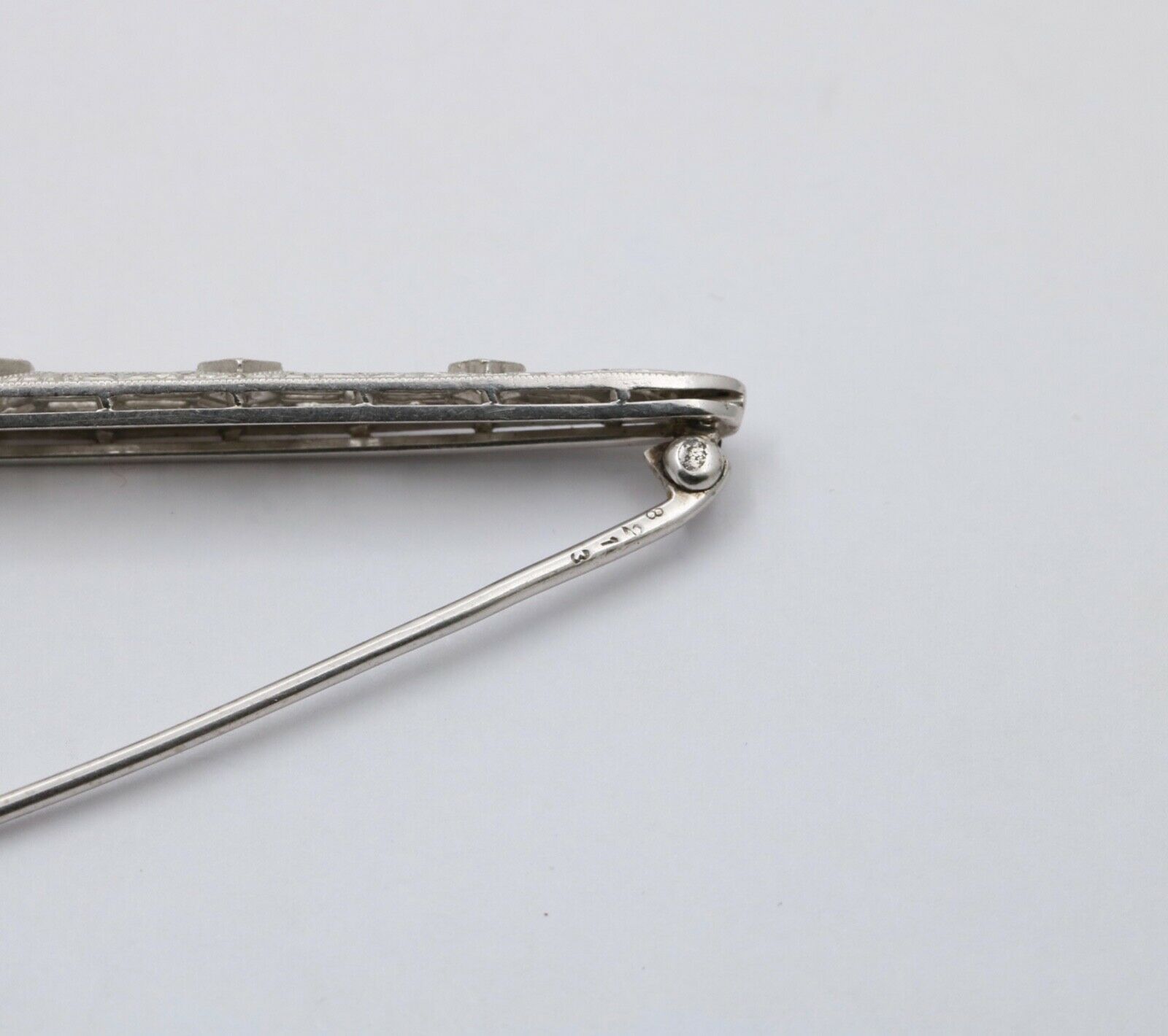 Art Deco 14K White Gold Diamond Filigree Bar Pin, Brooch