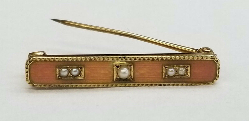 Art Deco Seed Pearls Enamel 14K Yellow Gold Gold Bar Pin