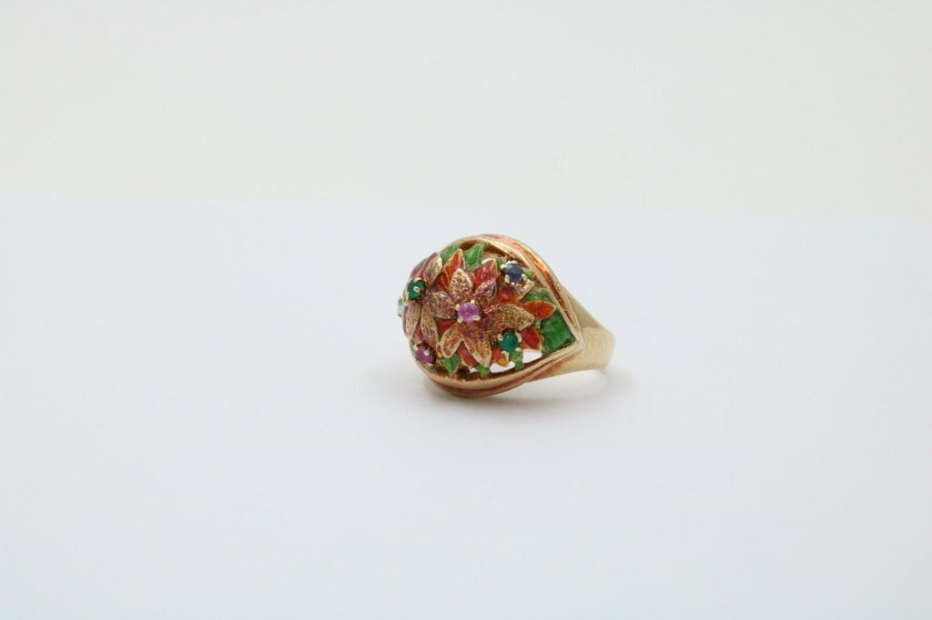 Vintage 14K Yellow Gold Pink Tourmaline, Green Chalcedony and Sapphire Dome Flow