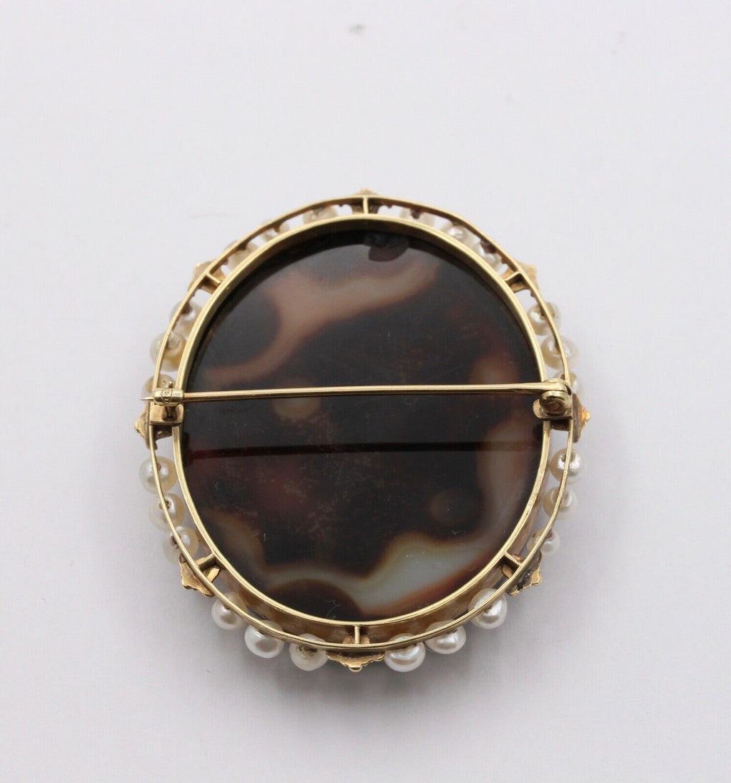 Victorian Agate Cameo Pearls 14K Rose Gold Brooch Pin