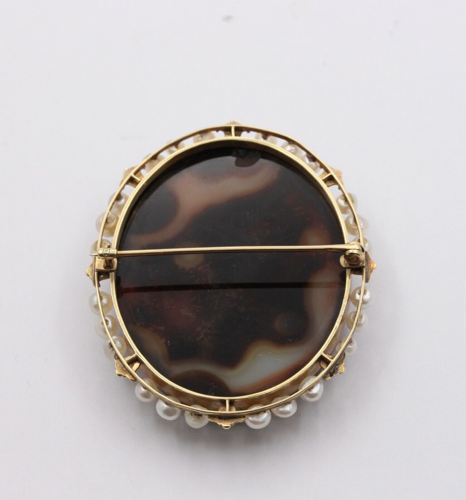 Victorian Agate Cameo Pearls 14K Rose Gold Brooch Pin
