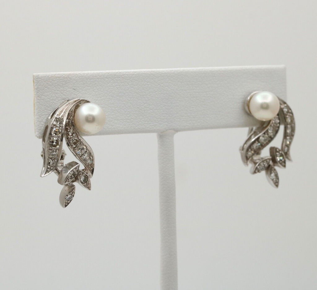 Elegant Vintage 14K Gold Pearl and Diamond Clip Earrings.