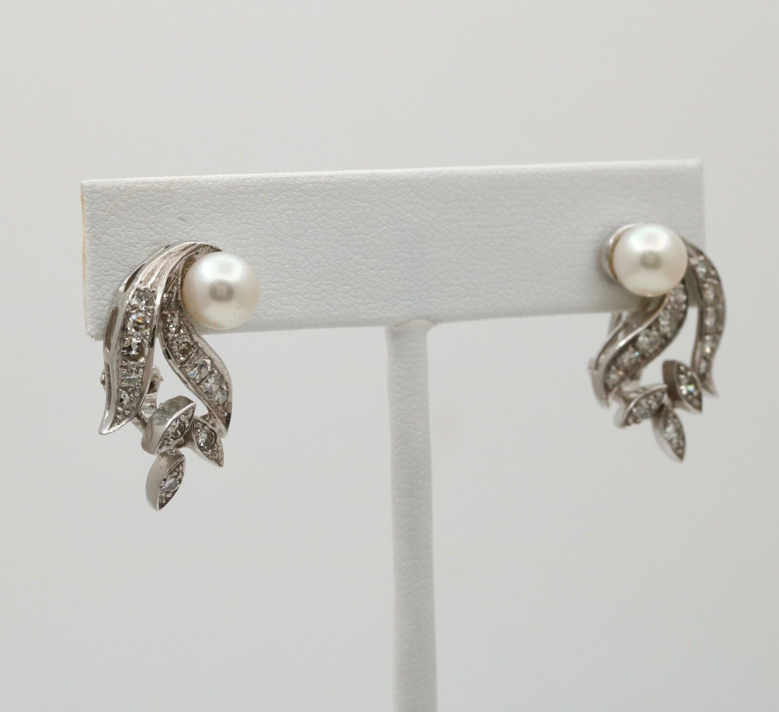 Elegant Vintage 14K Gold Pearl and Diamond Clip Earrings.