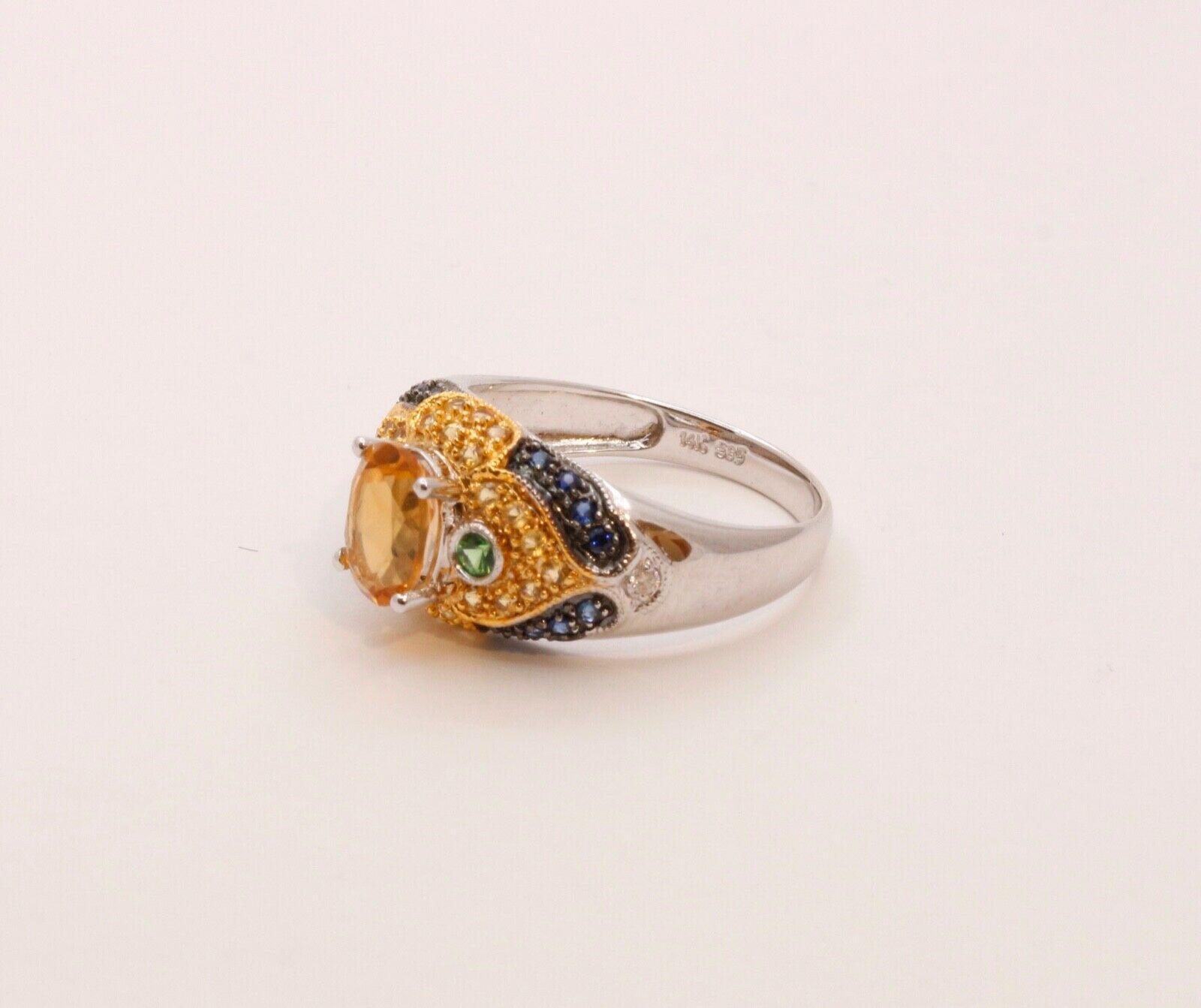 Citrine Blue Sapphires Cocktail Ring 14K White Yellow Gold Ring