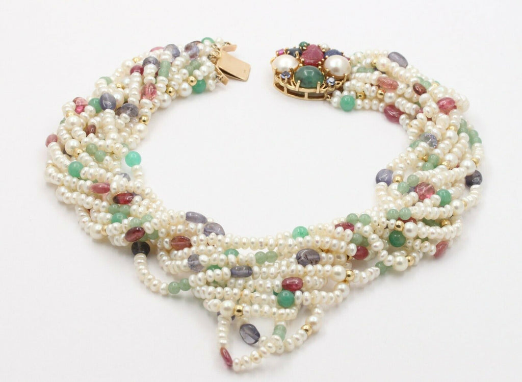 Vintage Beaded Pearl, Ruby, Sapphire and Aventurine Multi Strings Necklace