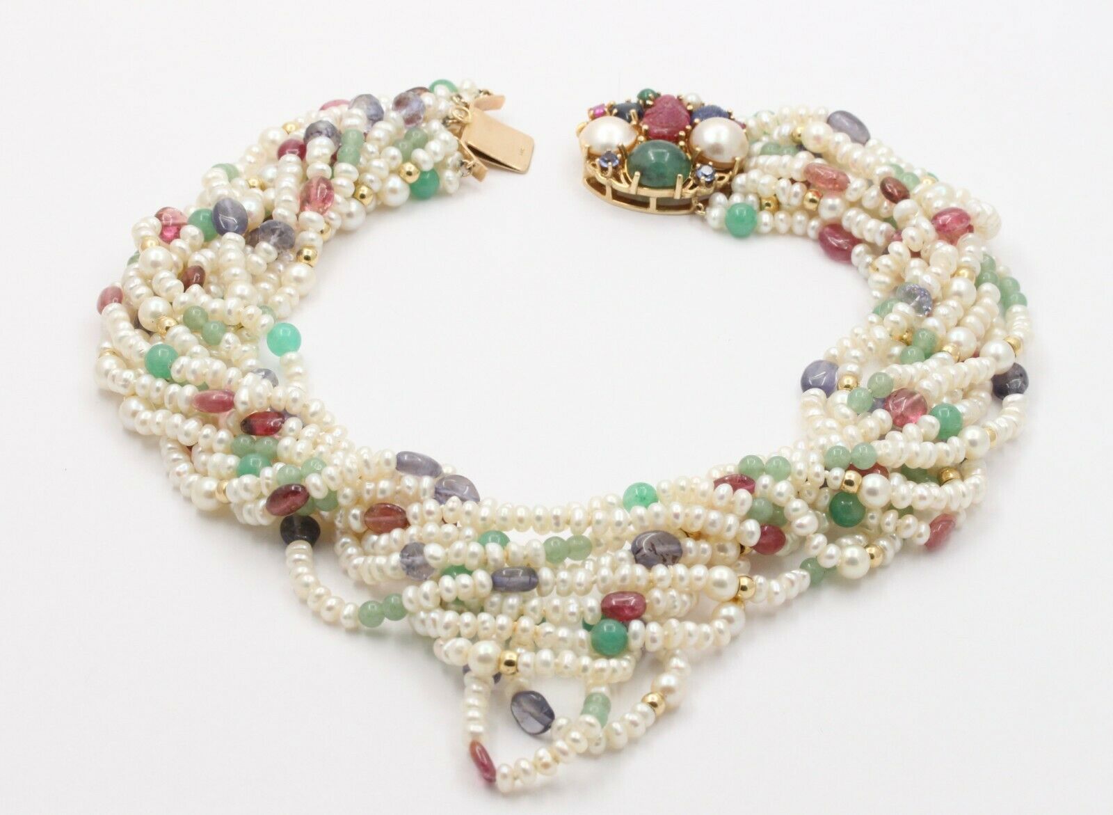 Vintage Beaded Pearl, Ruby, Sapphire and Aventurine Multi Strings Necklace