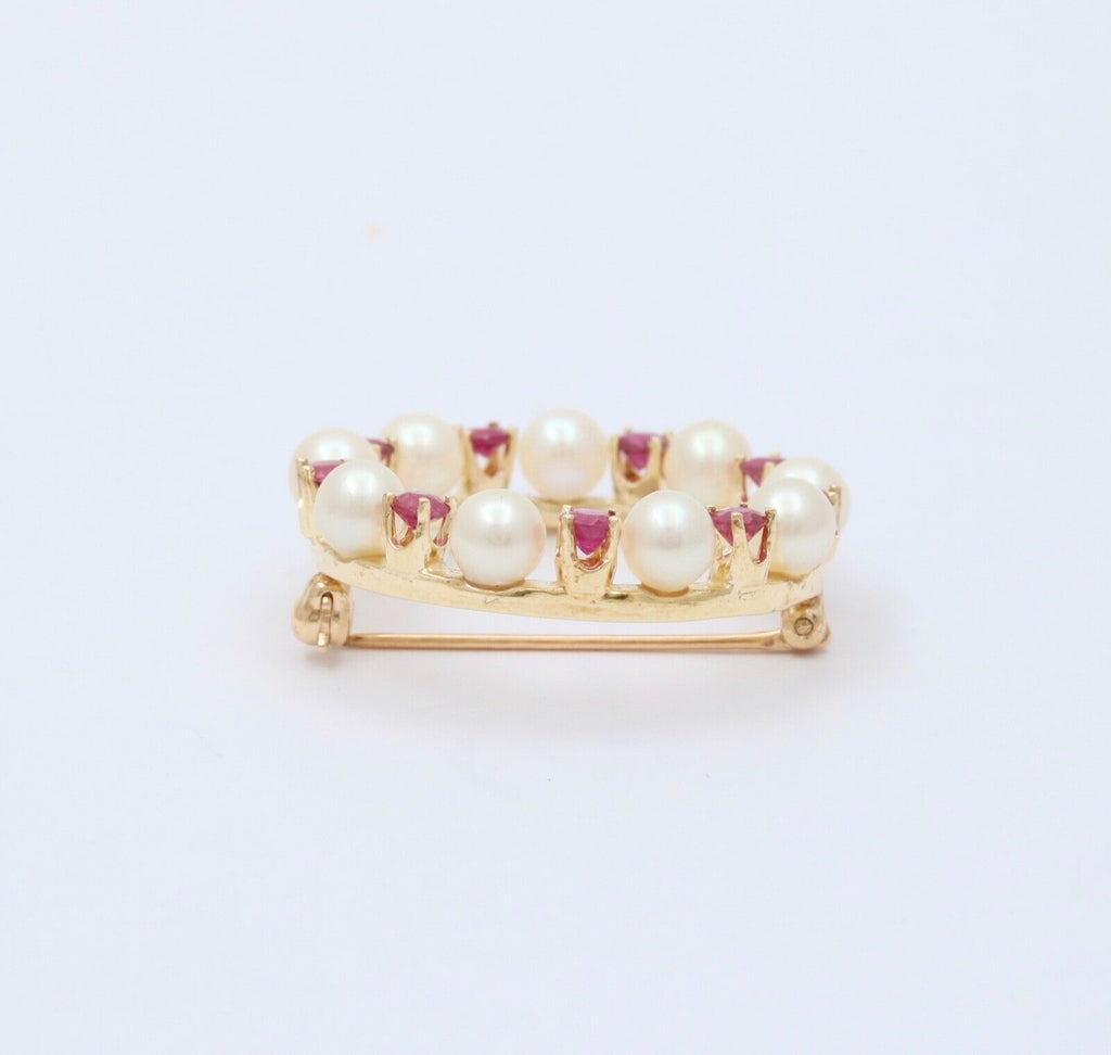 Vintage Rubies Cultured Pearls 14K Yellow Gold Brooch Pin