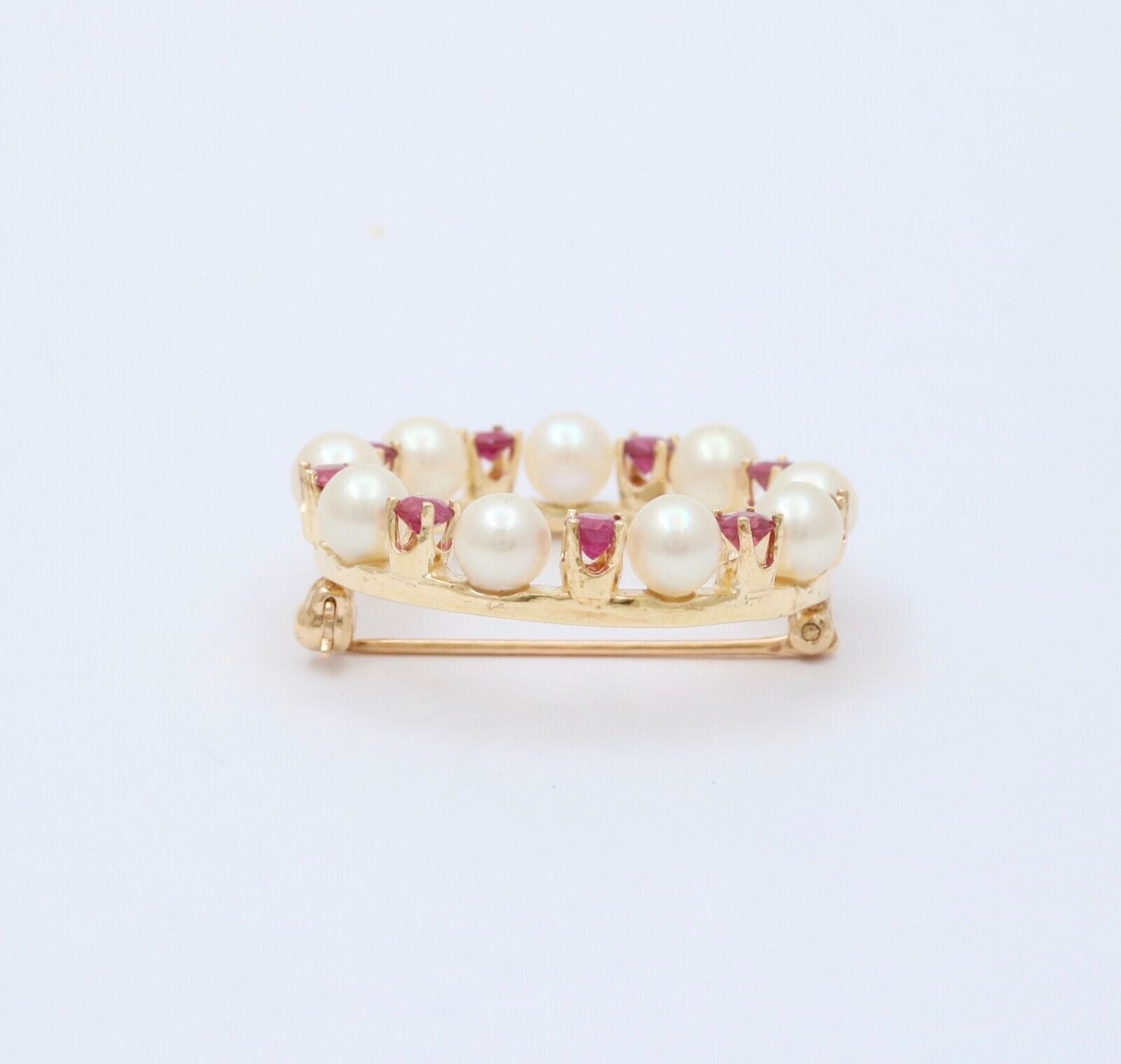 Vintage Rubies Cultured Pearls 14K Yellow Gold Brooch Pin