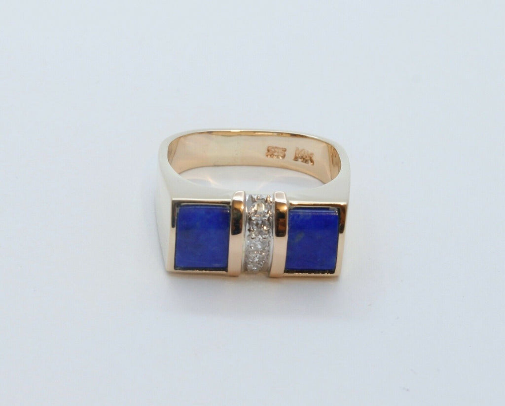 Cool Unisex Geometric Lapis Lazuli Diamonds 14K Yellow Gold Ring