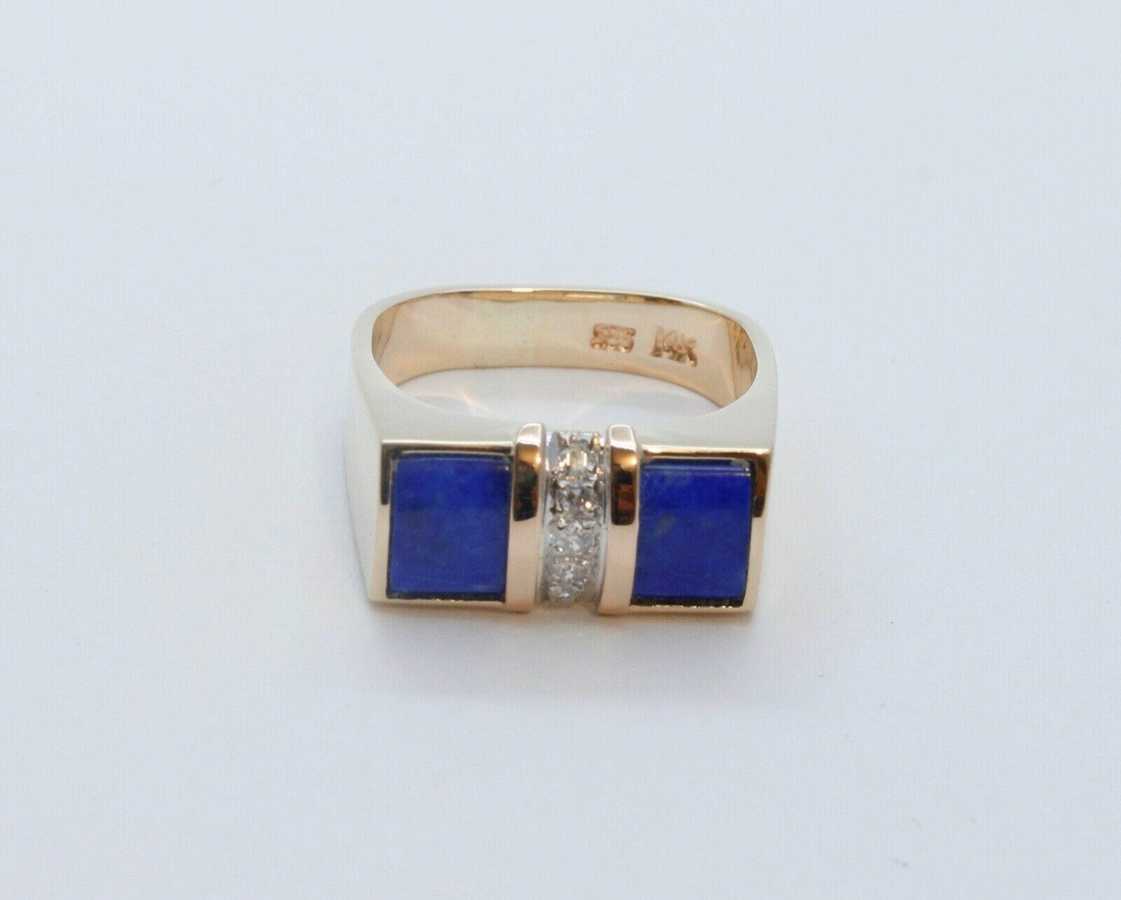 Cool Unisex Geometric Lapis Lazuli Diamonds 14K Yellow Gold Ring