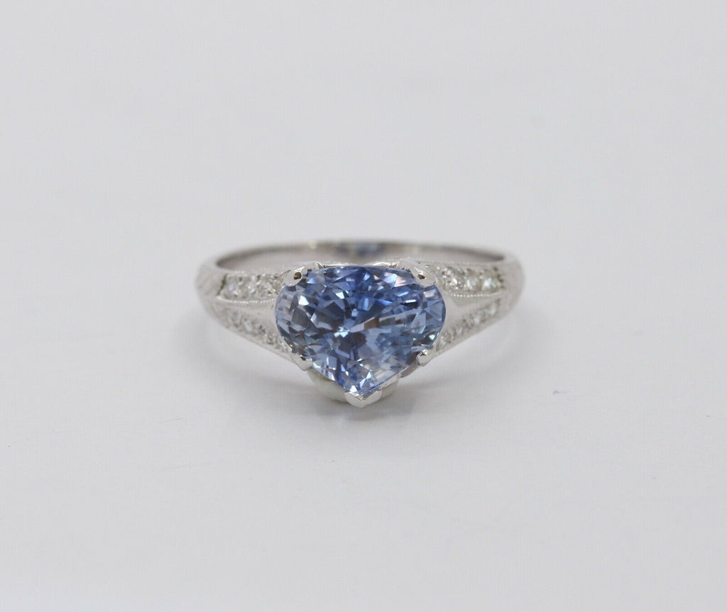 Uniquely Shaped Blue Sapphire and Diamonds 18K White Gold Ring