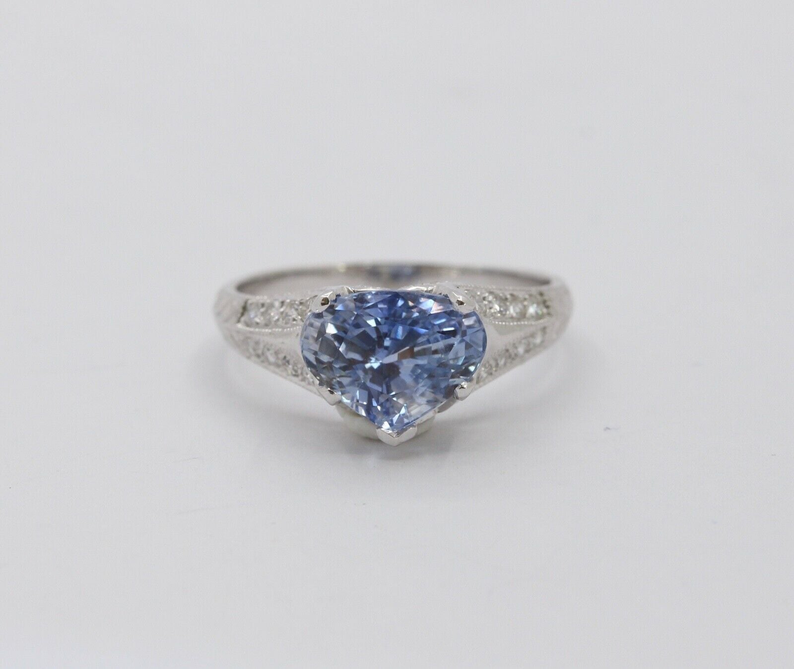 Uniquely Shaped Blue Sapphire and Diamonds 18K White Gold Ring