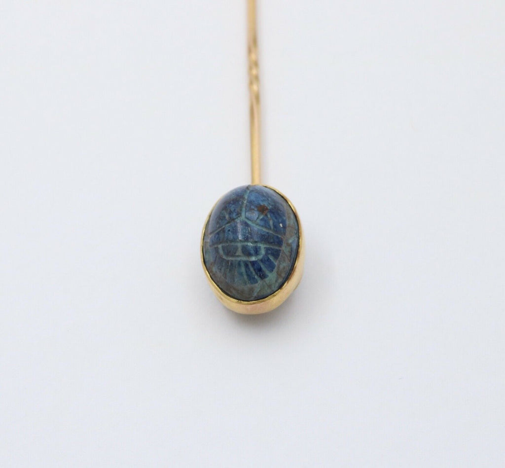 Antique 14K Yellow Gold Egyptian Revival Scarab Sodalite Stick Pin, Lapel Pin