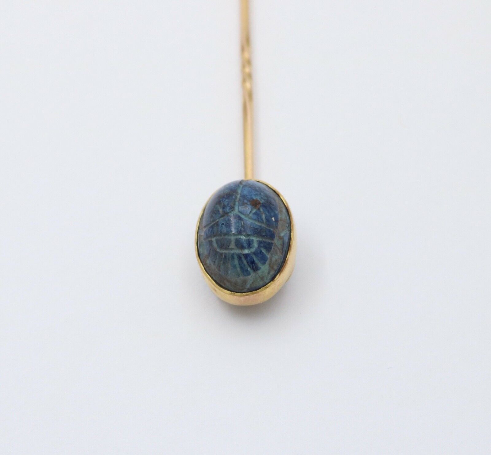 Antique 14K Yellow Gold Egyptian Revival Scarab Sodalite Stick Pin, Lapel Pin