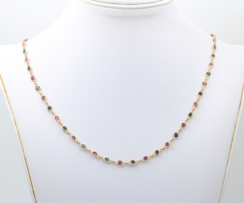 Vintage 14K Yellow Gold Ruby And Sapphire By The Yard Necklace. Station Necklace