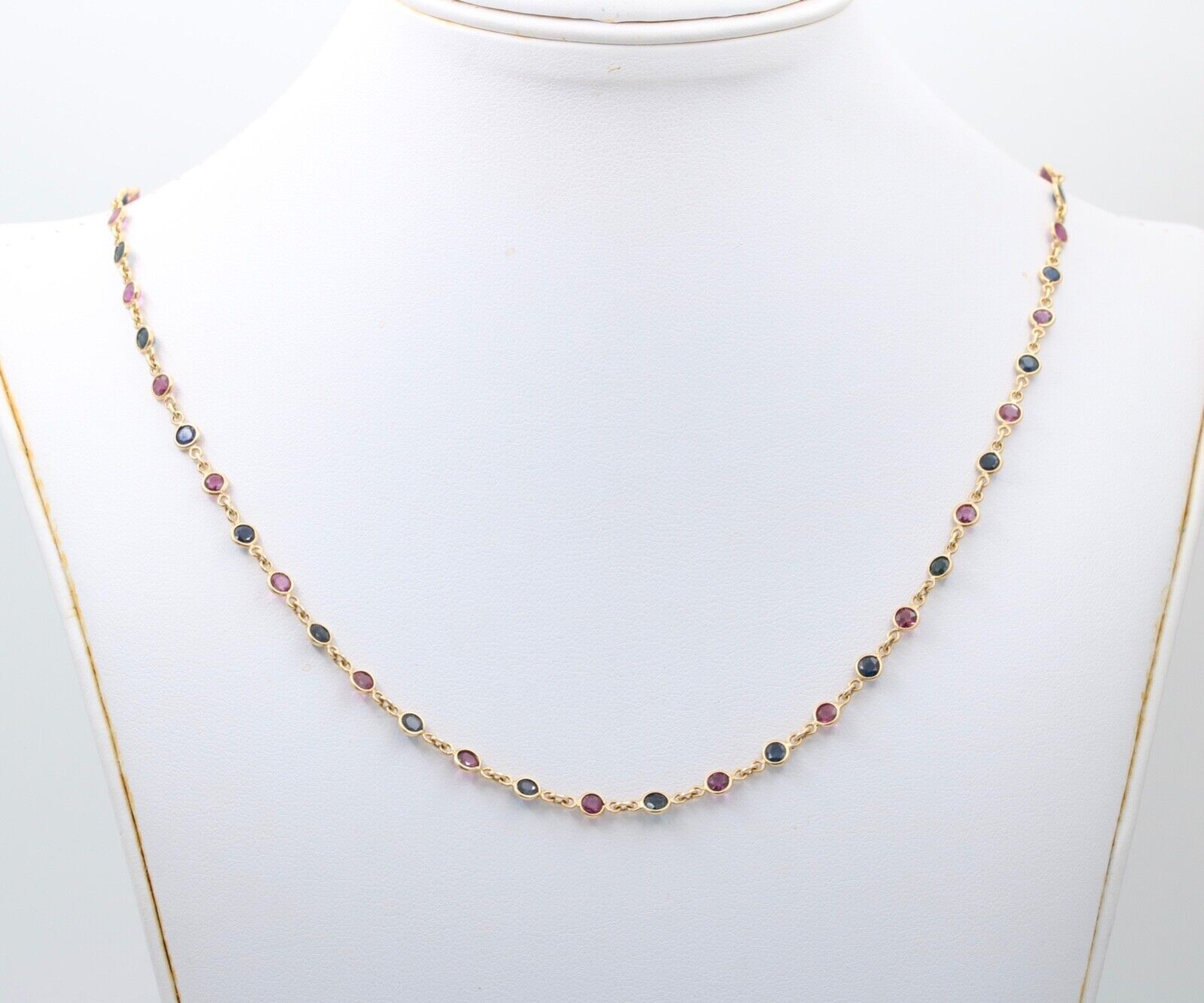 Vintage 14K Yellow Gold Ruby And Sapphire By The Yard Necklace. Station Necklace