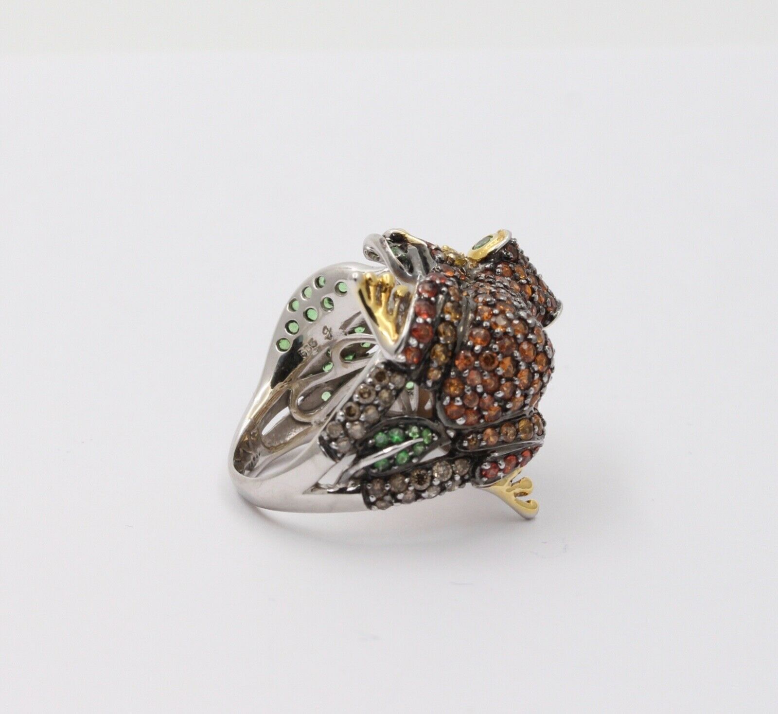 Vintage Frog Sapphires Citrine Tsavorite Diamonds14K White Yellow Gold Ring