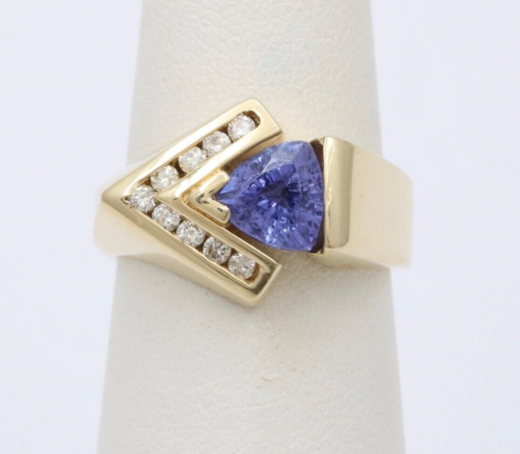 Vintage 14K Gold Geometric Tanzanite And Diamond Ring Band