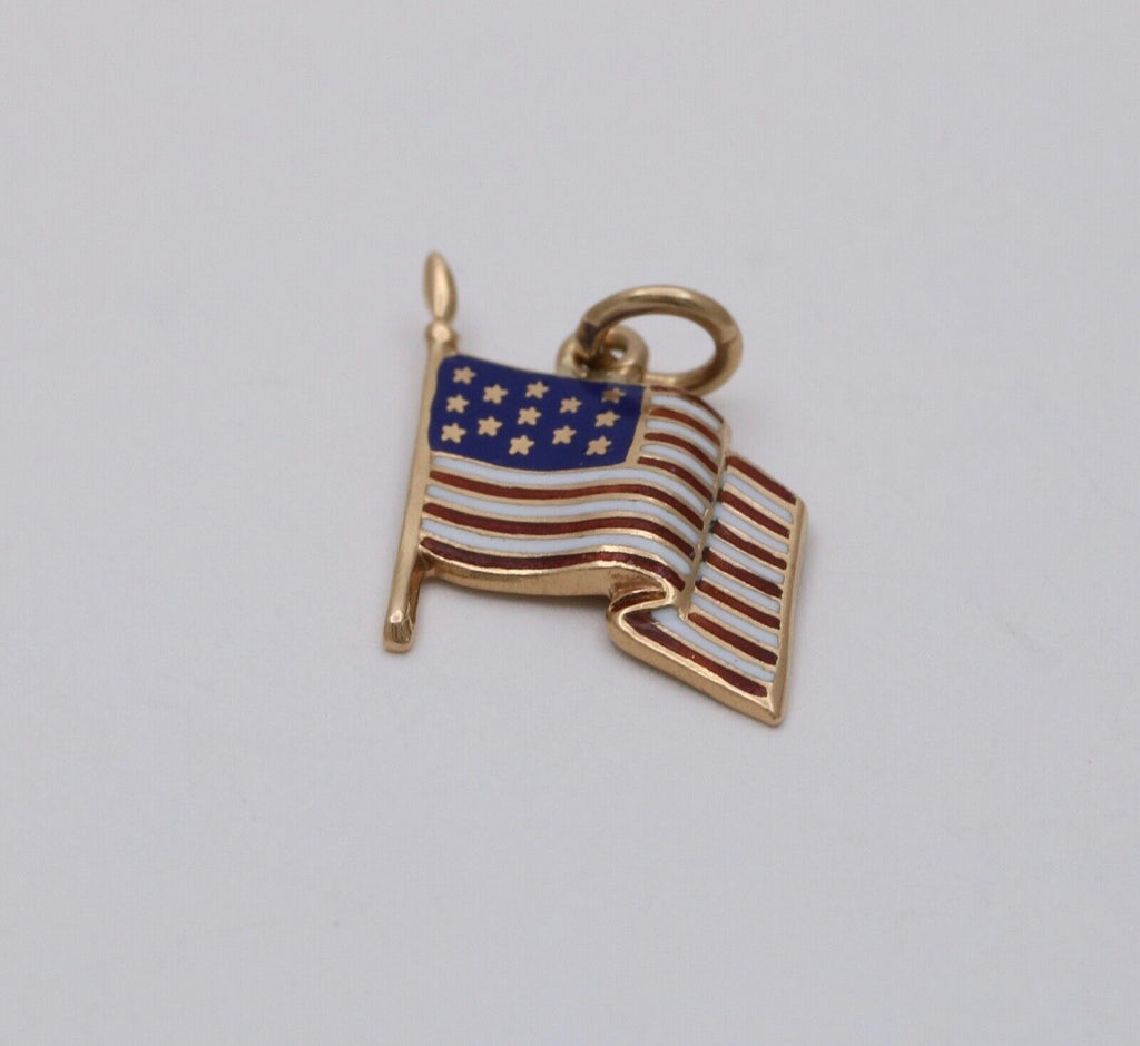 Vintage American Flag 14K Yellow Gold Enamel Pendant Charm